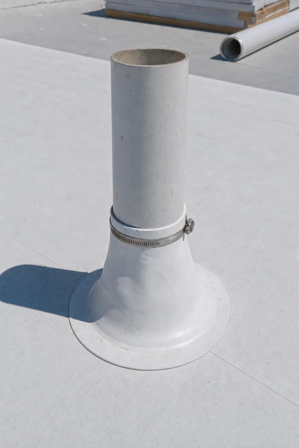 Illustration of a pipe penetration sealed with a prefabricated boot welded to the roof membrane and clamped