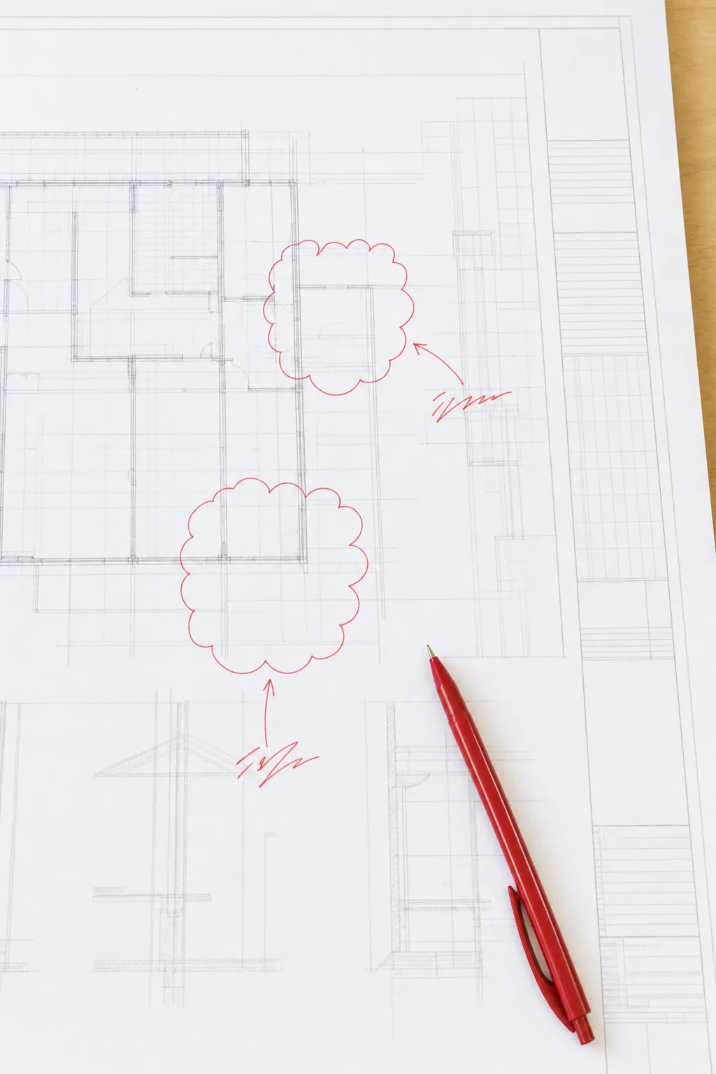 Illustration of reviewer markups on a printed drawing sheet with red clouds and arrows circling two areas of a floor plan