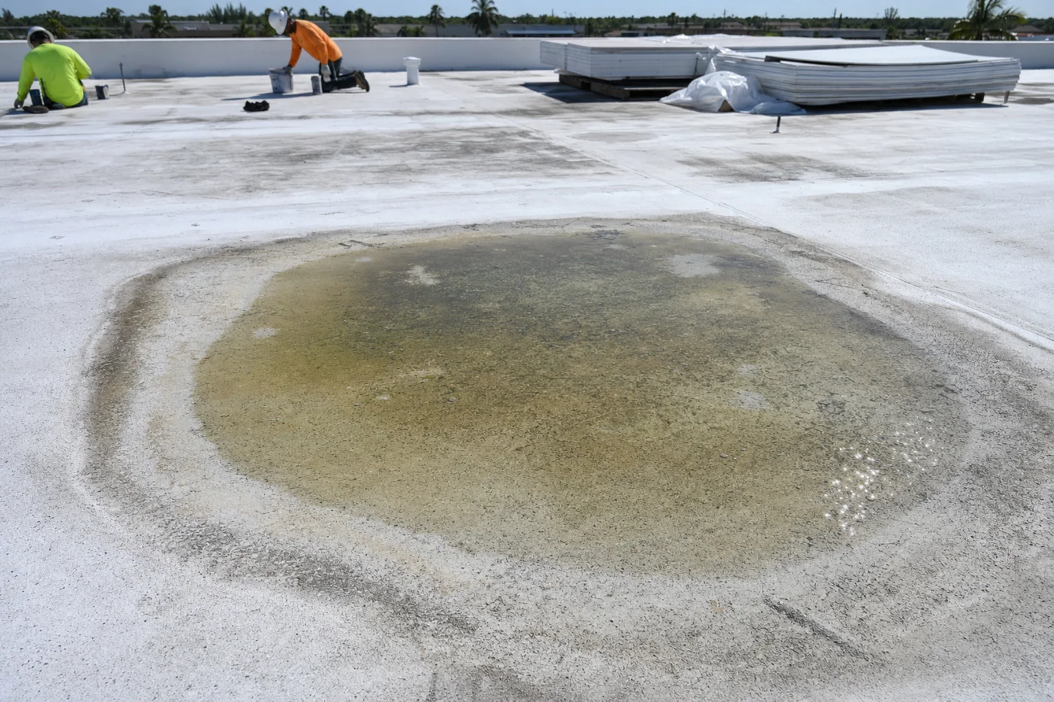 Illustration of ponding water standing on a weathered flat roof with a pale tide mark showing previous ponding