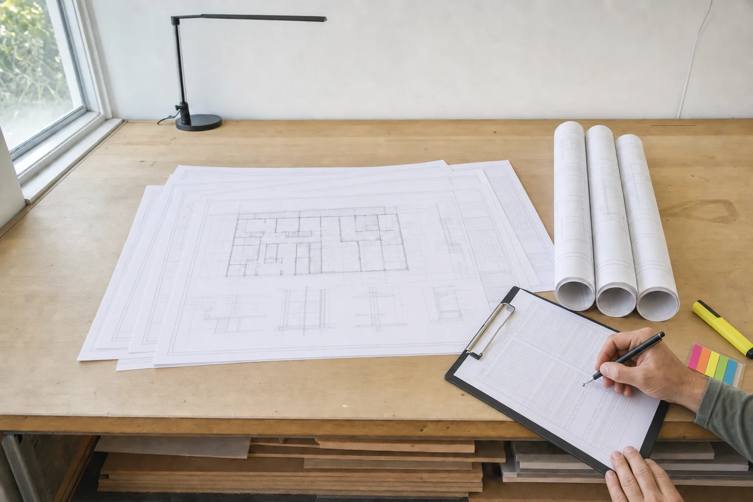 Illustration of a pre-submittal completeness check with drawing sheets fanned across a plan table and a checklist on a clipboard being ticked