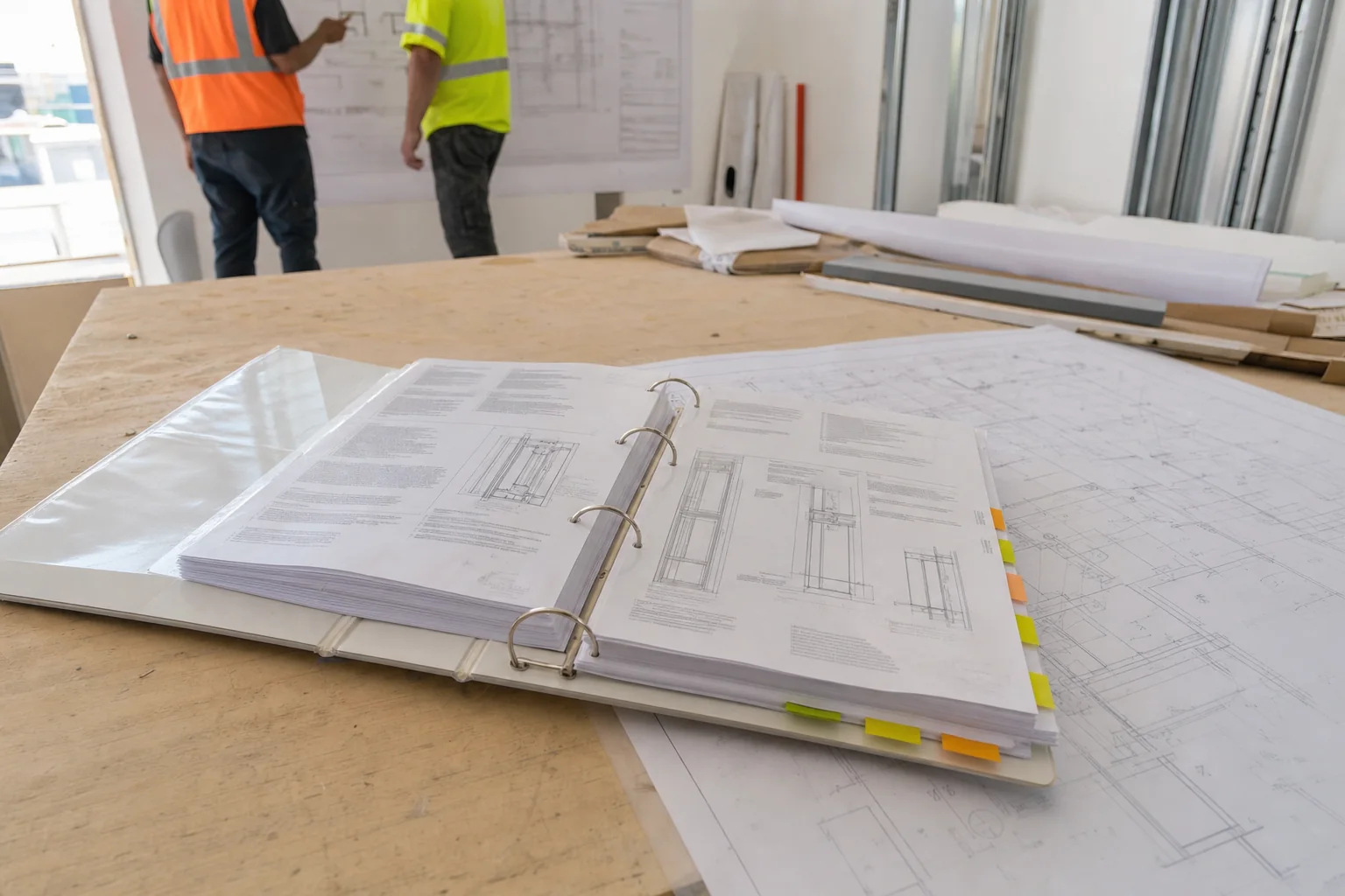 Illustration of an open ring binder of product approval documentation with tabbed dividers and technical window and door section drawings, all lettering illegible