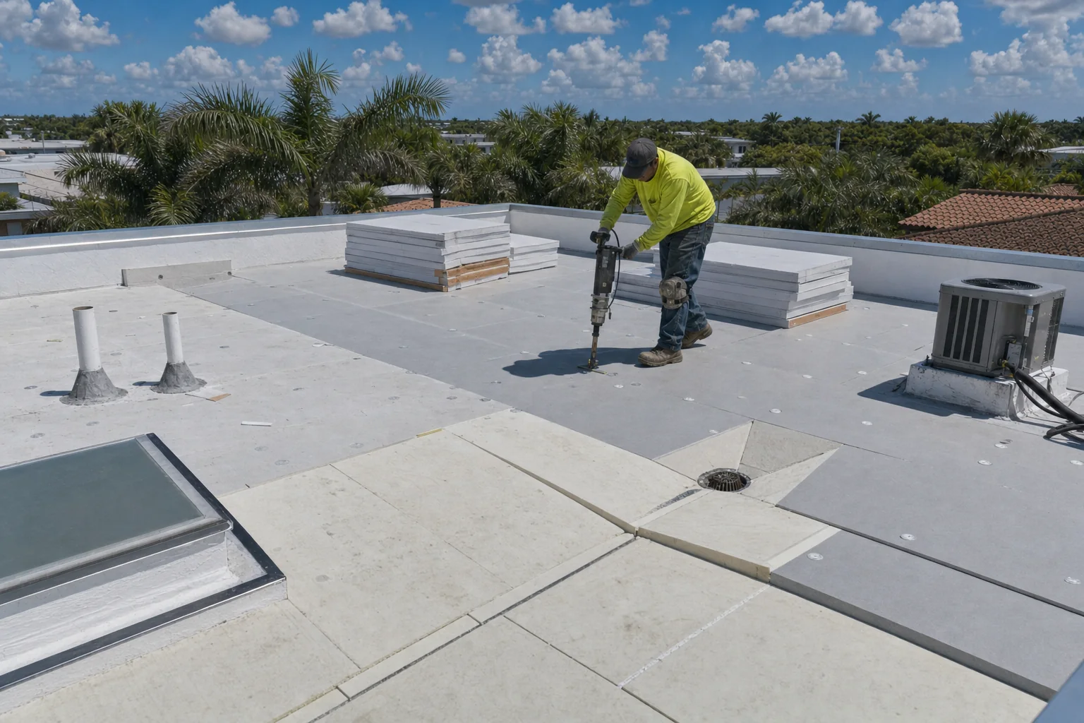 Illustration of rigid insulation and cover board being laid to fall over a stripped roof deck