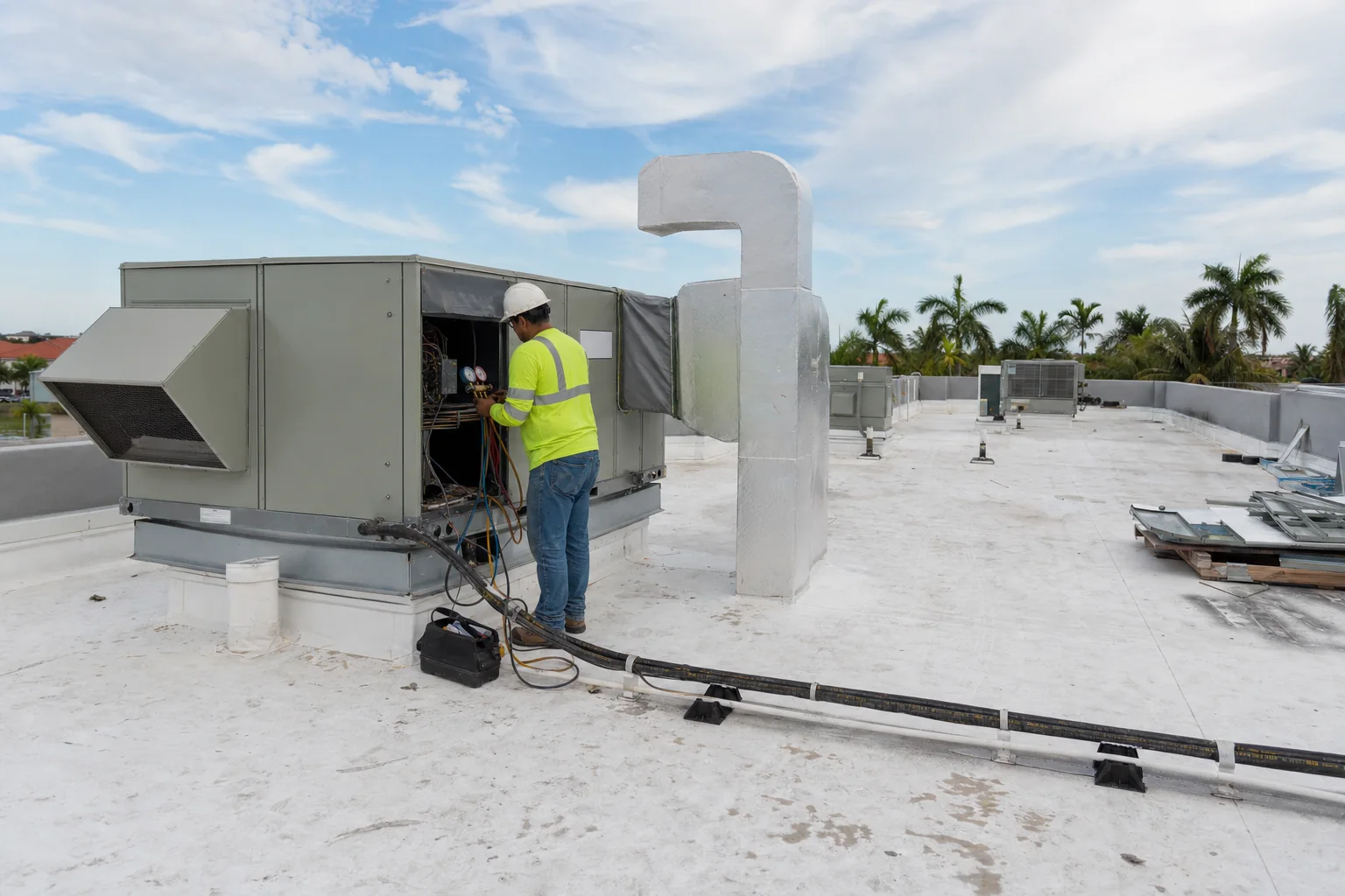 Illustration of a rooftop packaged HVAC unit on a curb with a new insulated duct riser being connected on a flat commercial roof