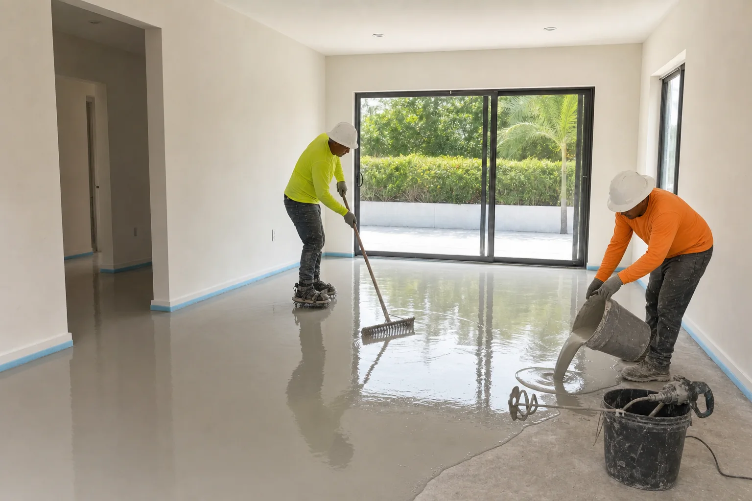 Illustration of self-levelling underlayment flowing across a primed slab and being worked with a gauge rake