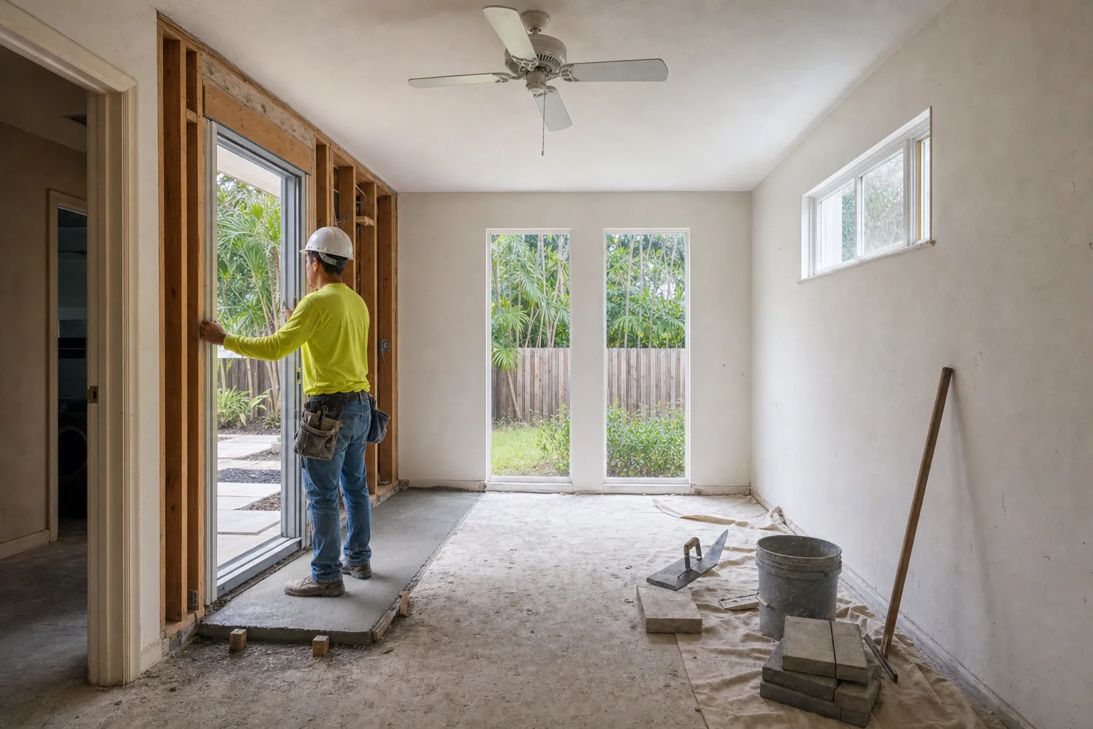 Illustration of a new separate exterior door opening framed in the wall of an in-law suite, seen from inside, with a fresh step and paved path beyond it