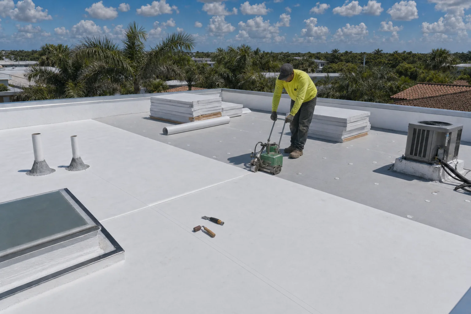 Illustration of white single-ply membrane being rolled out and its seam hot-air welded on a low-slope roof