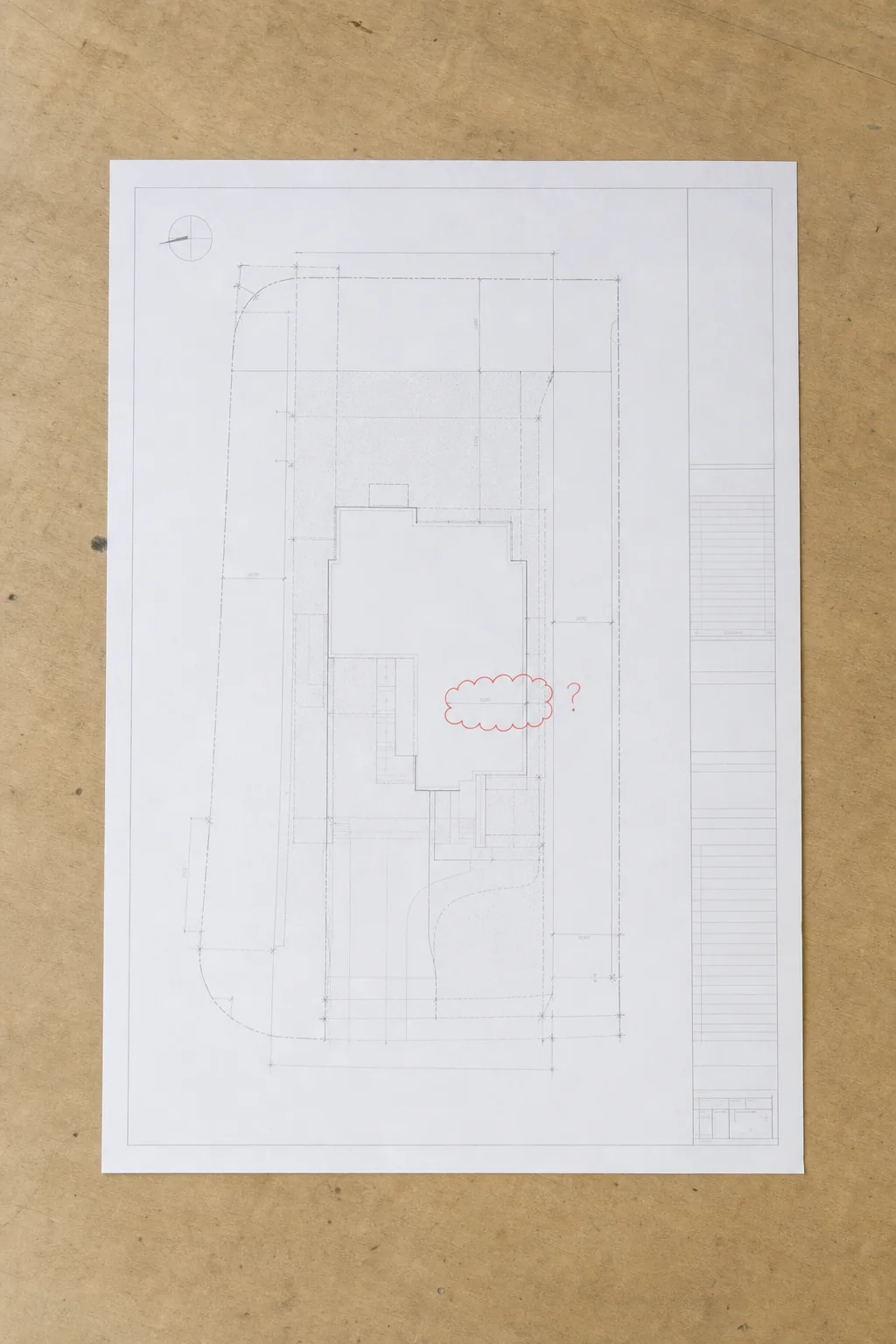 Illustration of a site plan sheet showing property boundary, building footprint and setback dimension lines with a red markup cloud over one dimension string
