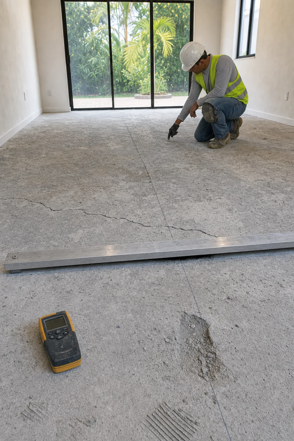 Illustration of a concrete slab defect close up, showing a shrinkage crack and a straightedge bridging a low spot