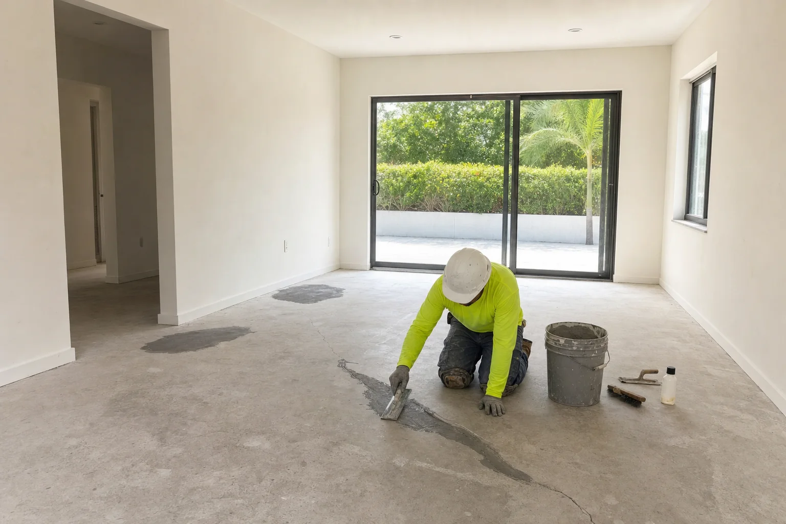 Illustration of a worker trowelling patching compound into a chased-out crack in a concrete slab