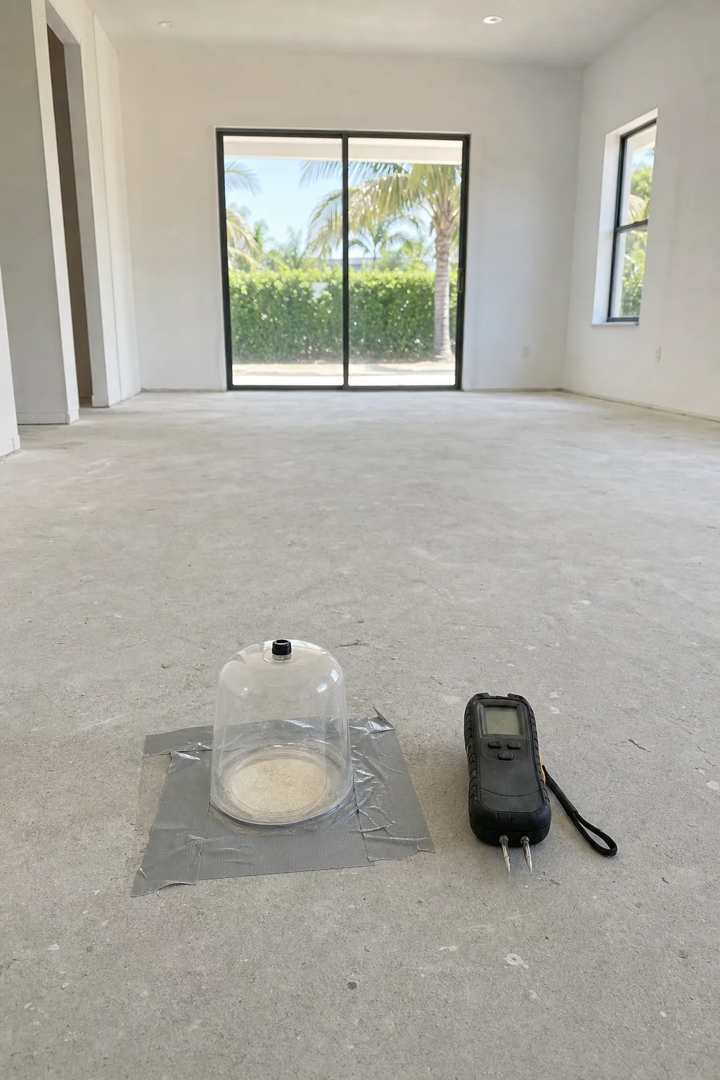 Illustration of in-situ moisture testing on a bare concrete slab using a sealed test dome and a hand-held meter