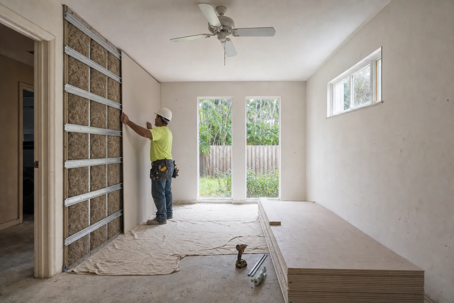 Illustration of a sound-isolating wall assembly with dense insulation between studs, resilient channel across the face and gypsum board being fitted
