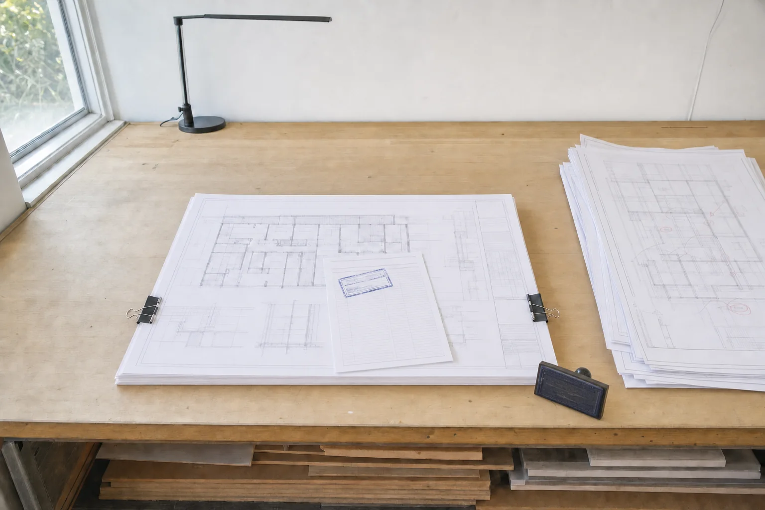 Illustration of a revised drawing set on a plan table with a stamped response sheet laid on top and the rubber stamp beside it, its lettering deliberately unreadable