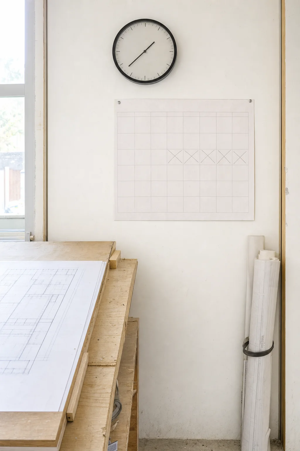 Illustration of a blank wall planner grid and a plain wall clock beside a plan table, standing for the statutory review window