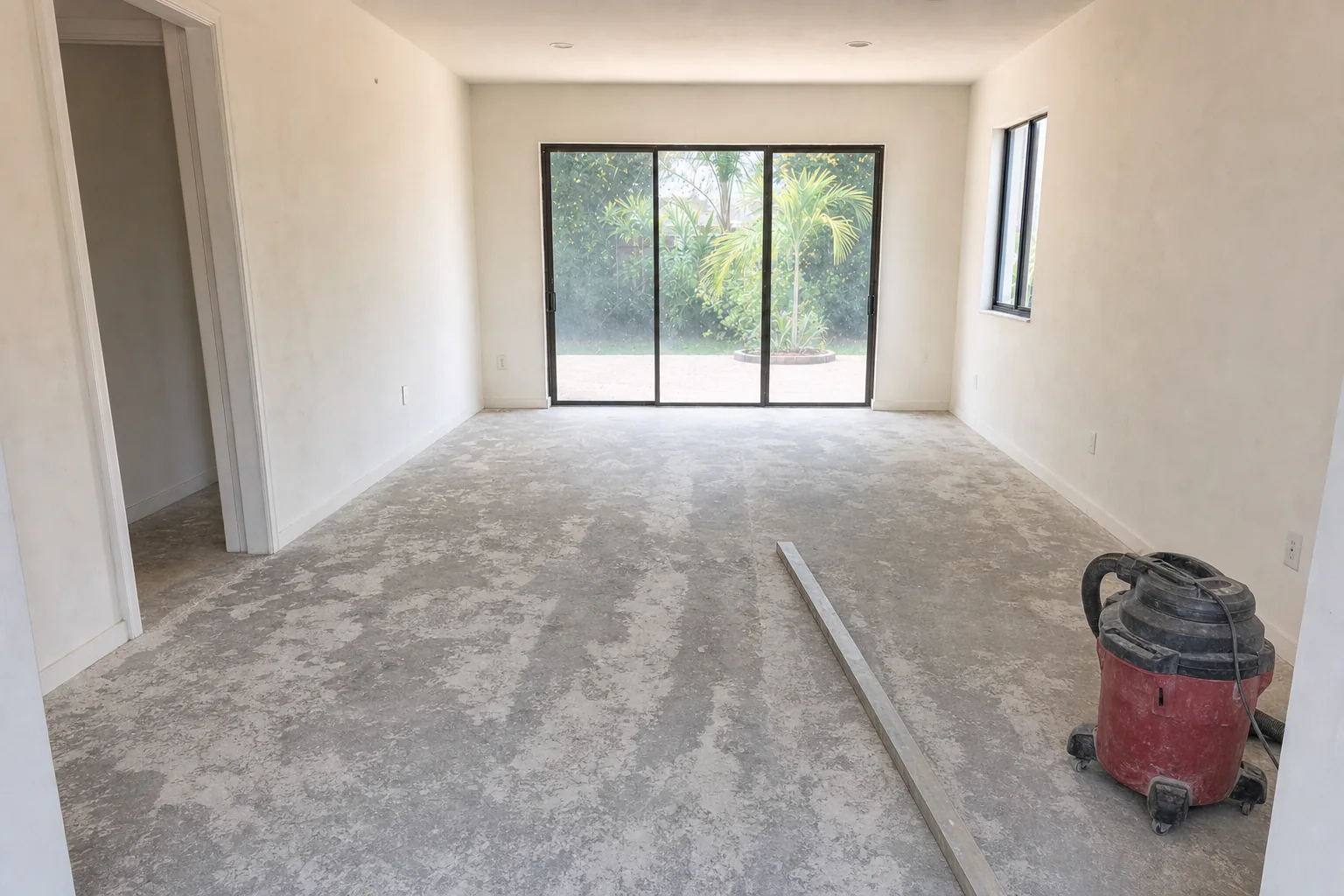 Illustration of a room stripped to bare concrete slab with ridges of hardened thinset and a straightedge laid across it
