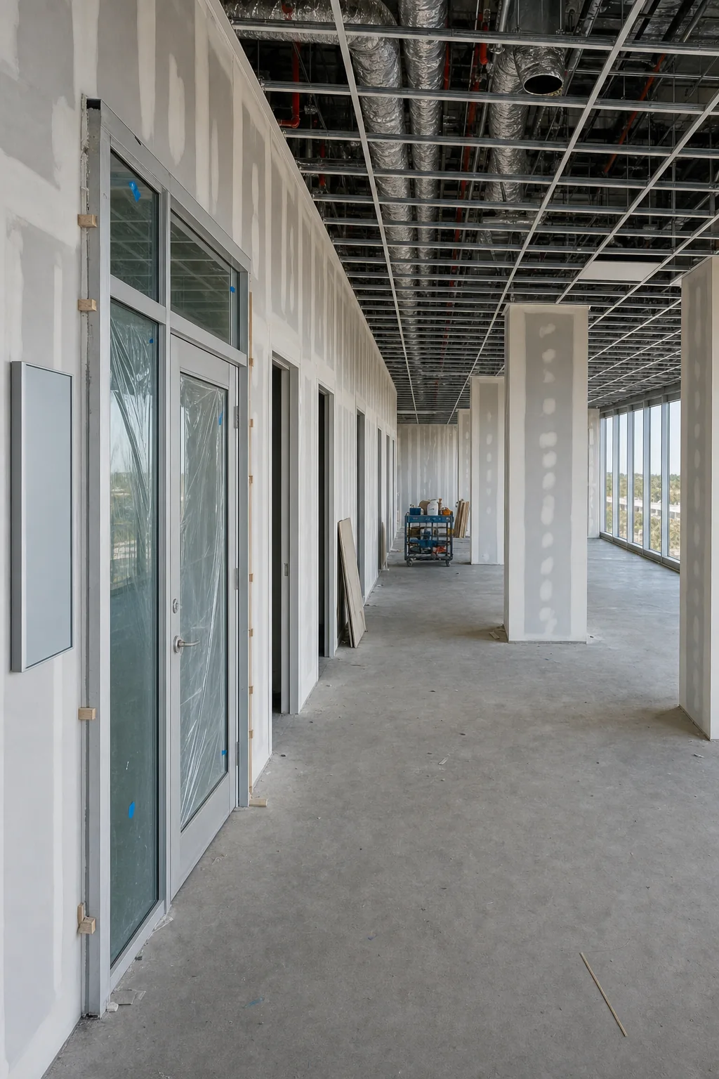 Illustration of an aluminium storefront entry with a glass door and sidelight being installed at a suite entrance, protective film still on the glass and a blank signage panel alongside