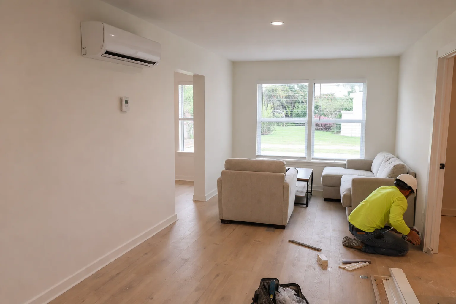 Illustration of an in-law suite with its own wall-mounted mini-split head and thermostat above the sitting area