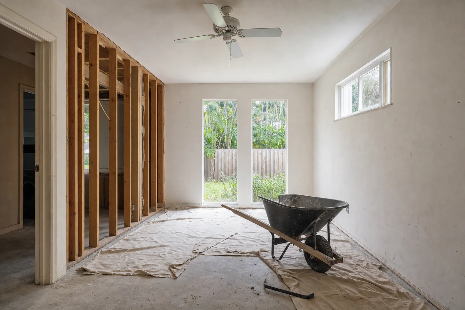 Illustration of the same room stripped back to bare concrete slab with one wall opened to exposed timber studs