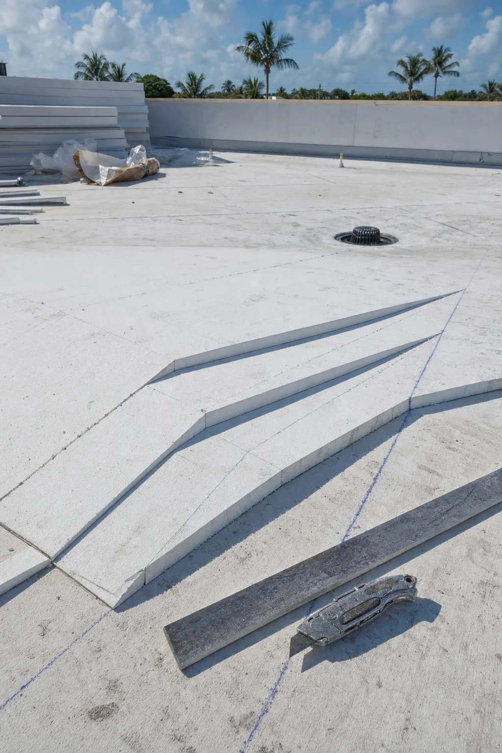 Illustration of tapered insulation boards forming a cricket to direct water toward a roof drain
