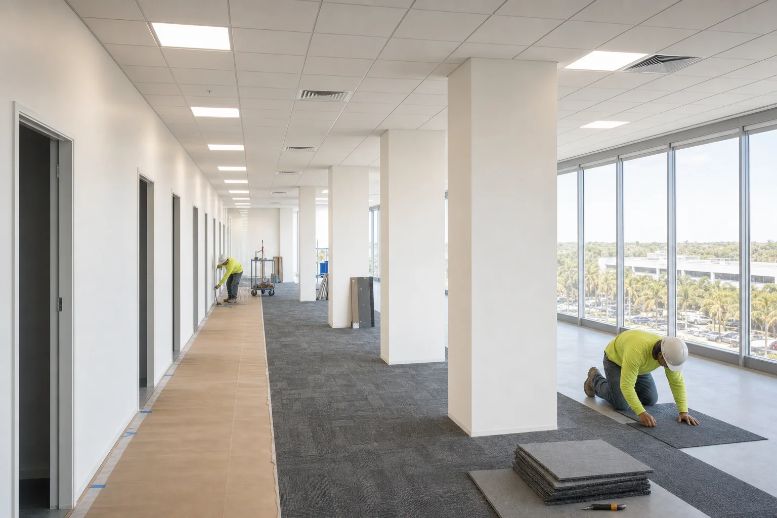 Illustration of finishes going into a commercial suite with painted walls, completed ceiling grid with LED panels and diffusers, and carpet tile being laid