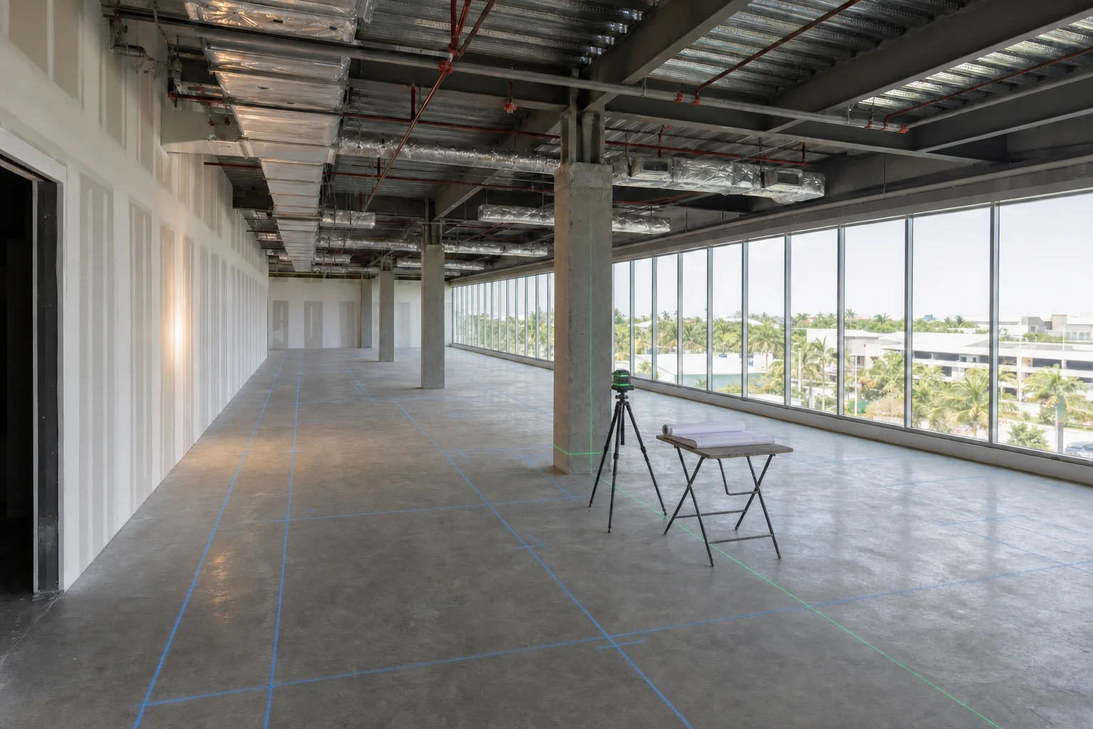 Illustration of partition set-out lines chalked across the bare slab of a leased suite with a rotating laser level on a tripod