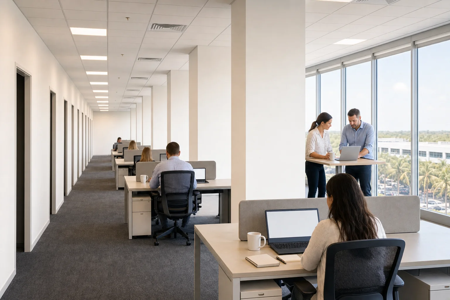 Illustration of a finished commercial suite in use with people working at bench desks beside the glazed window line