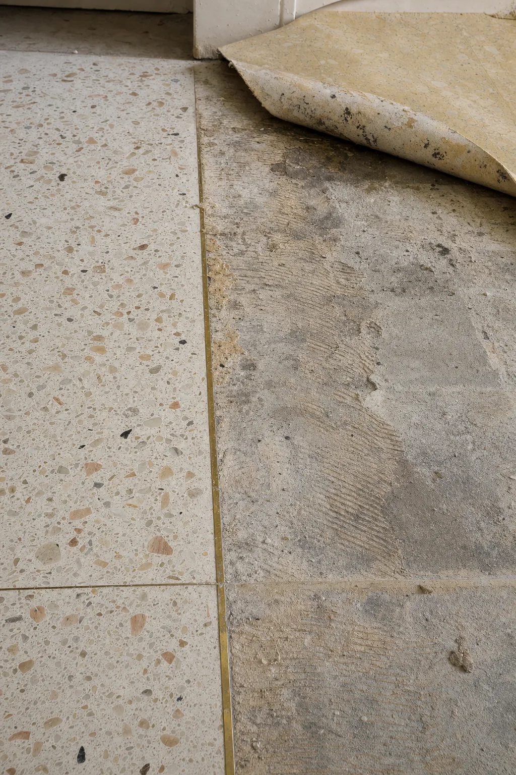 Illustration of original terrazzo revealed beneath an old floor covering, half cleaned and half still covered