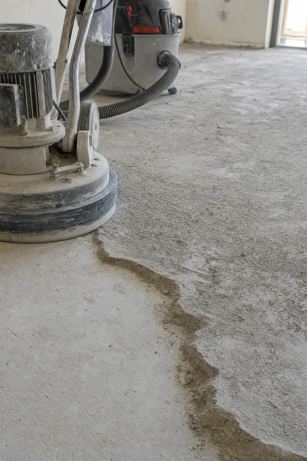 Illustration of a thick-set sand-cement mortar bed left on a slab after tile removal, with a grinder alongside