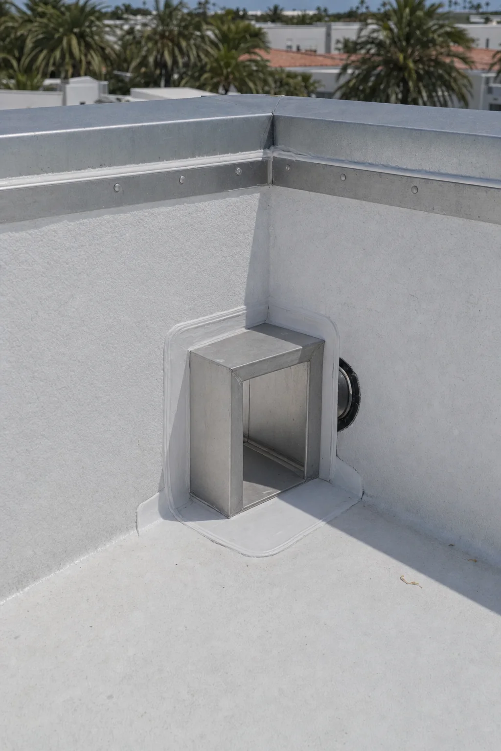 Illustration of a through-wall scupper at a parapet with its flange welded into the roof membrane