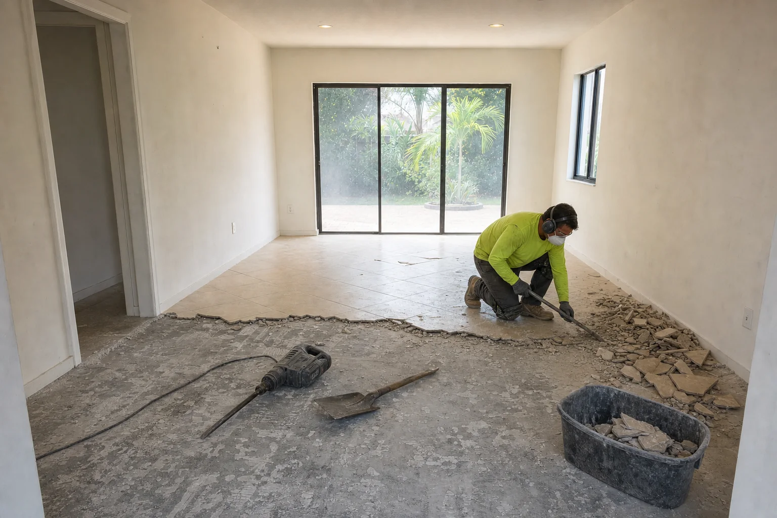 Illustration of tile floor removal half complete, bare concrete slab exposed on one side with a worker using a floor scraper