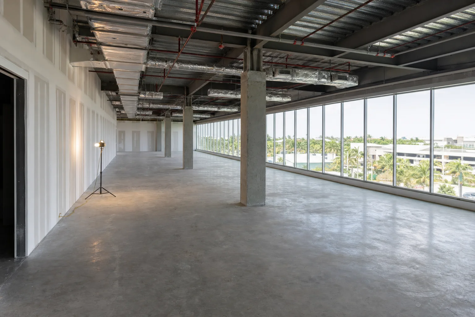 Illustration of an empty commercial vanilla shell suite with bare concrete floor, exposed structural deck, ductwork and sprinkler mains before tenant improvement work