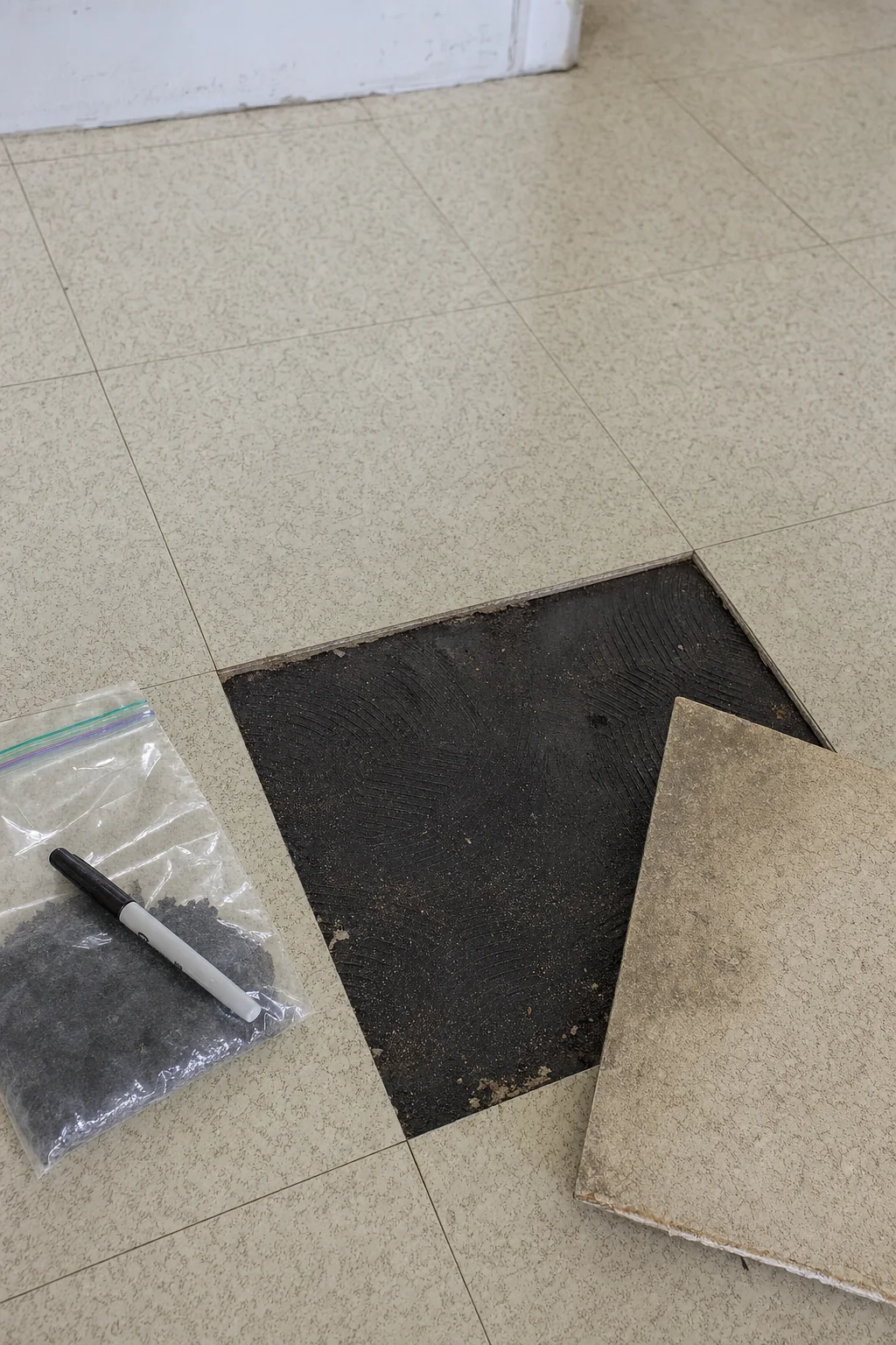 Illustration of mid-century vinyl floor tile with black cutback adhesive beneath, one tile lifted and a sample bag alongside