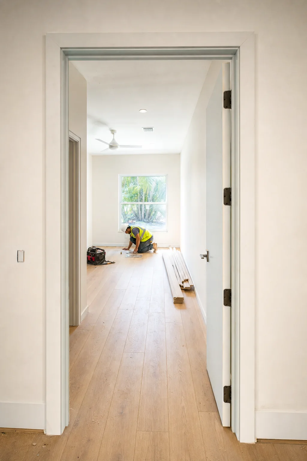 Illustration of a wider doorway with a level step-free threshold and a lever handle in a finished suite