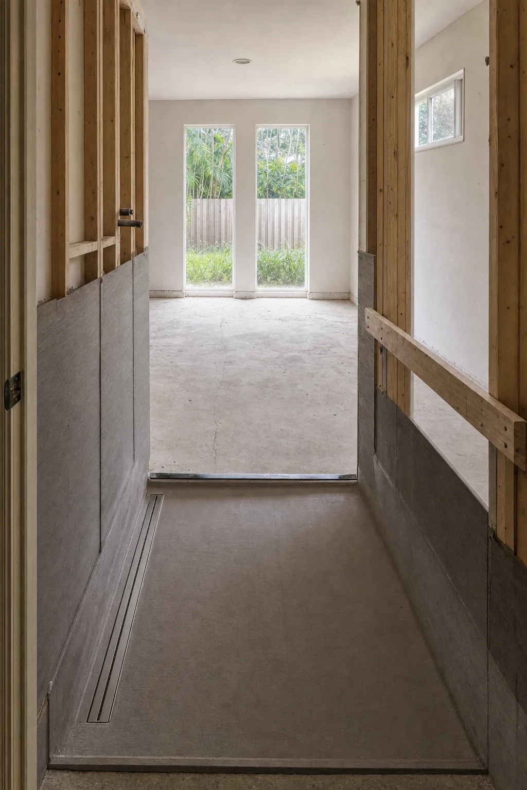 Illustration of a zero-threshold shower rough-in with a sloped base, linear drain, waterproofing membrane and timber grab-bar blocking between studs