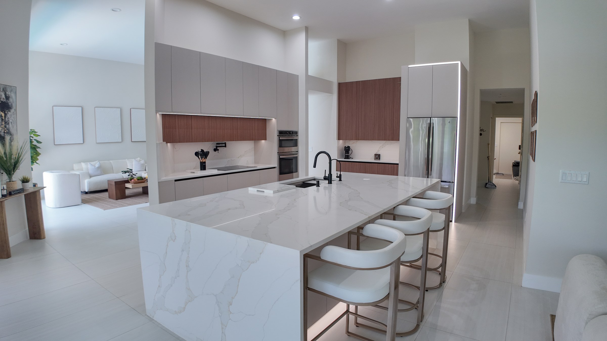 Two-Tone Modern Kitchen Remodel with Waterfall Quartz Island