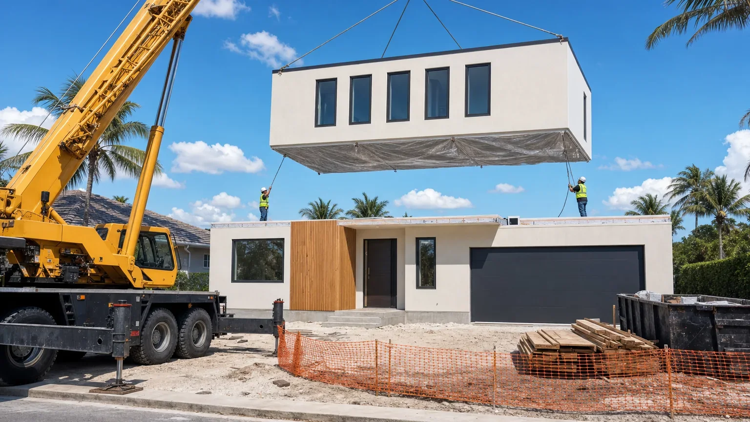 Illustration of a modular home under construction in South Florida, a second-floor module suspended from a crane above the completed ground floor