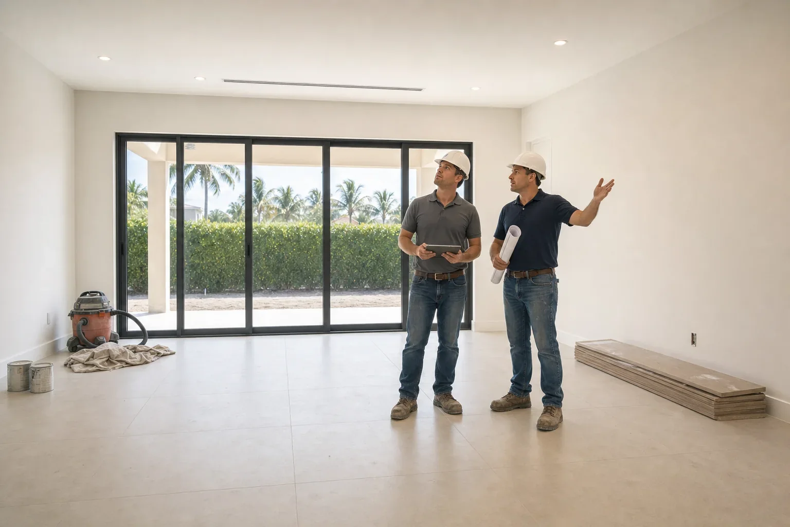 Illustration of a building inspector and project manager walking through the finished interior at final inspection