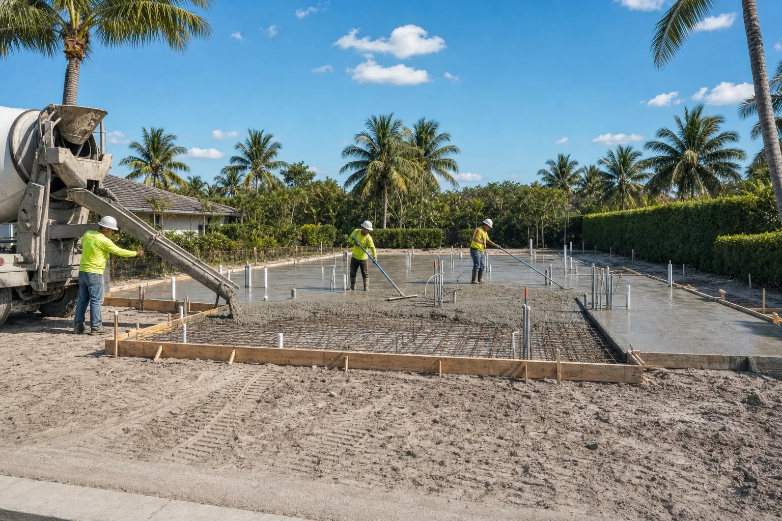 Illustration of workers placing concrete into the reinforced formwork of a permanent foundation for a modular home