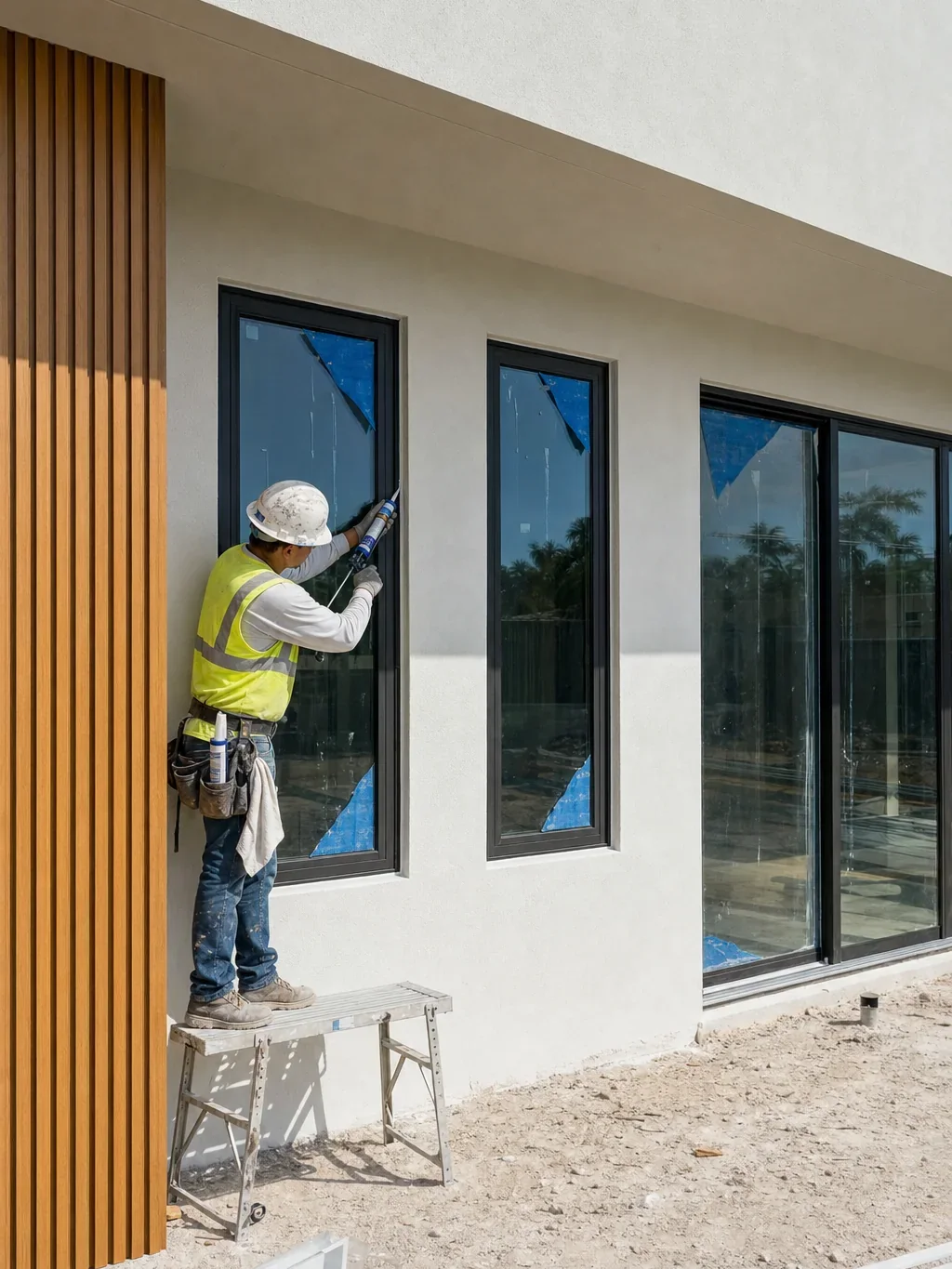 Illustration of a worker sealing the perimeter of an impact-rated window in stucco, protective film still on the glass