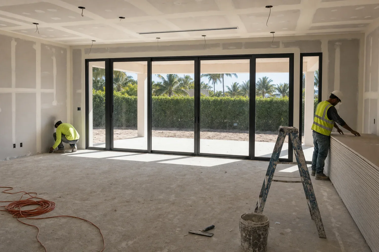 Illustration of an open-plan living room at drywall stage with a large sliding glass wall to the rear terrace