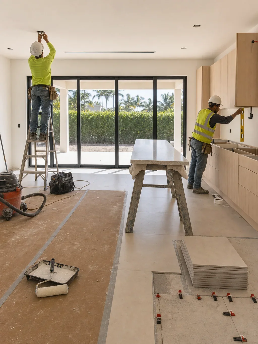 Illustration of the same living and kitchen space with flooring laid and cabinetry being installed