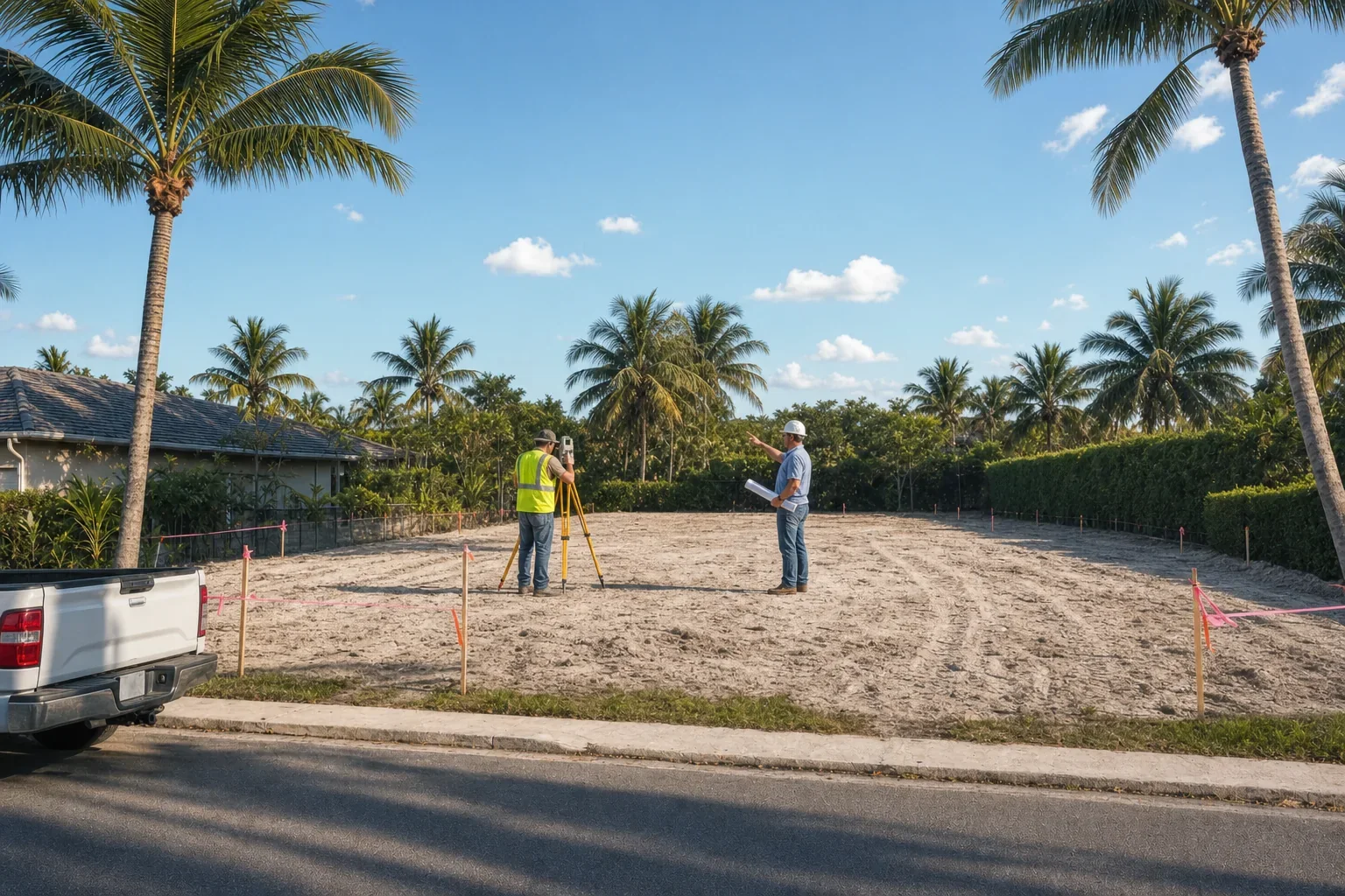Illustration of a surveyor and project manager assessing an empty South Florida residential lot before construction