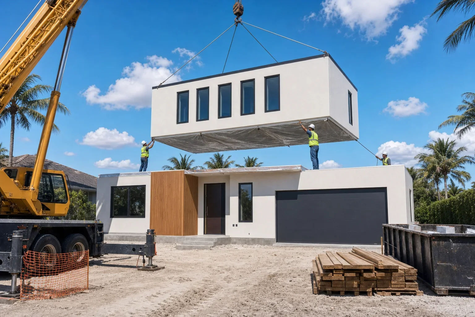 Illustration of a crane lowering a house module onto a prepared foundation beside modules already set