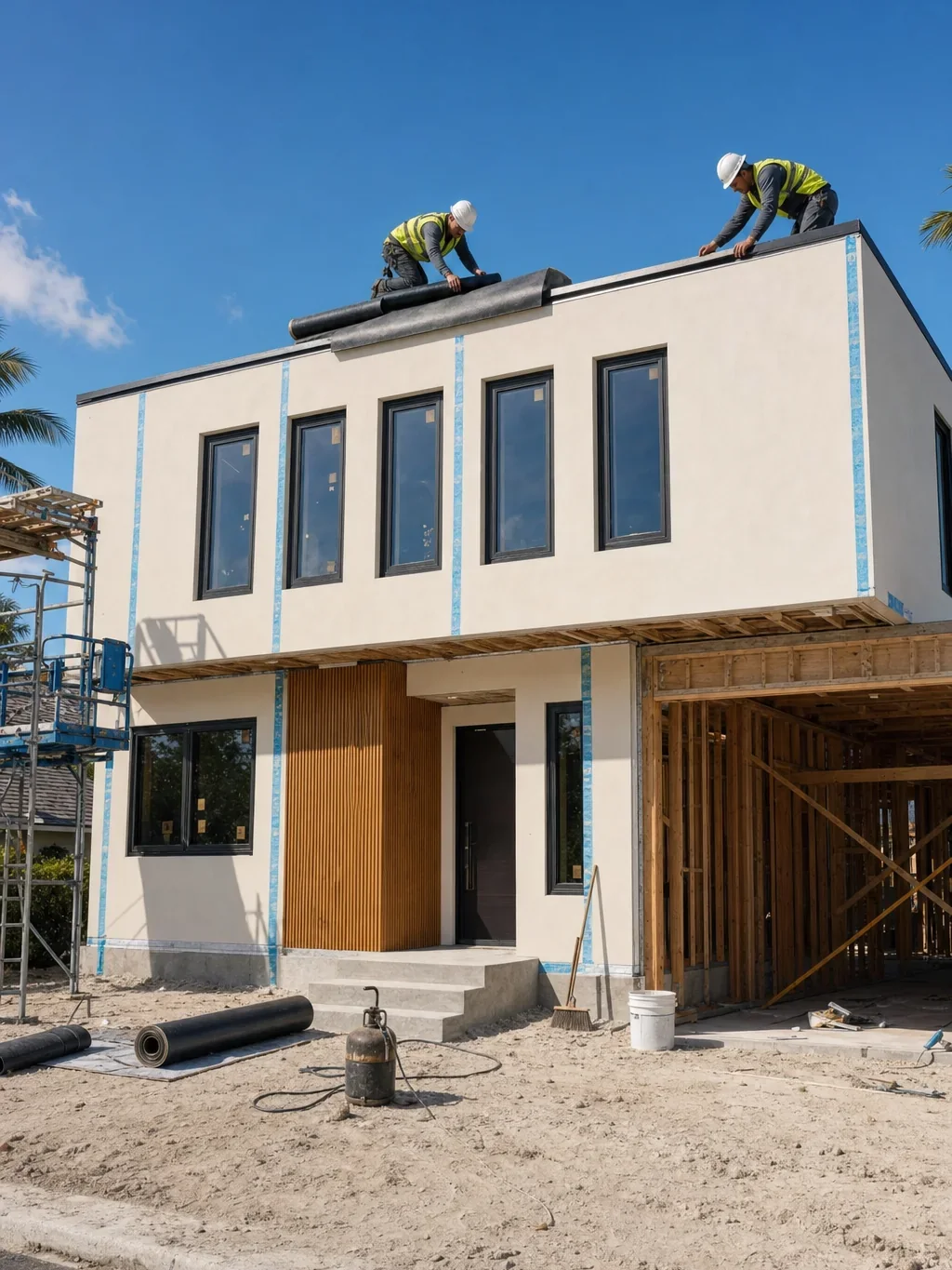 Illustration of roofers sealing module seams and roof flashing on a modular home after all sections have been set
