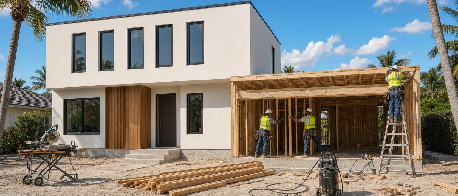 Illustration of a completed modular house beside its attached two-car garage being framed conventionally on site