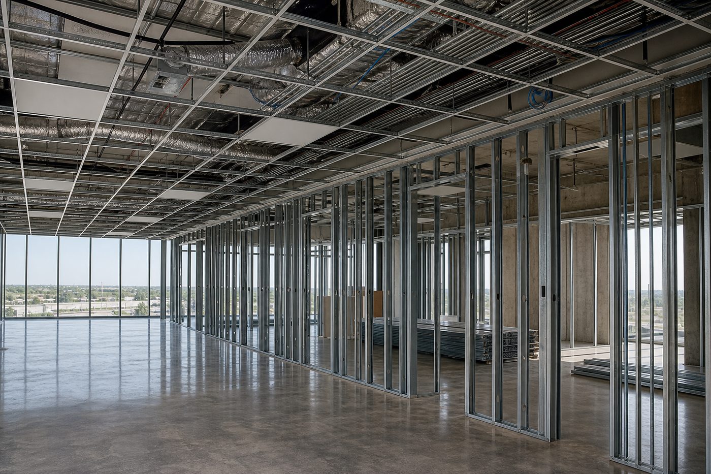 AI-generated illustration: an office fit-out mid-construction with metal stud framing, ceiling grid and services above