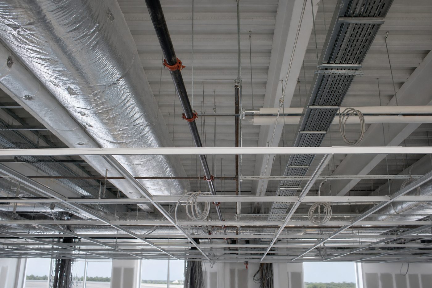 AI-generated illustration: ductwork, sprinkler pipework, cable tray and lighting coordinated above an office ceiling grid