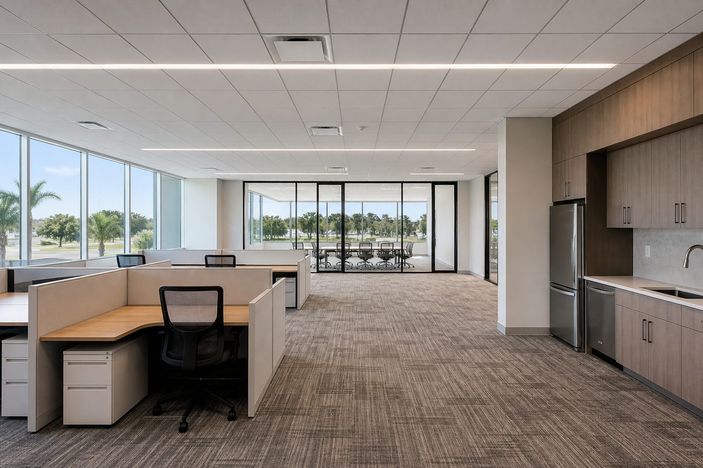 AI-generated illustration: a completed open-plan office fit-out with glazed meeting rooms and linear lighting