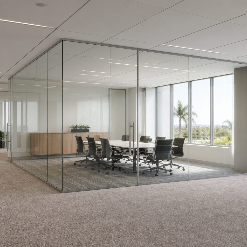 AI-generated illustration: a full-height glazed demountable partition forming a meeting room in an office