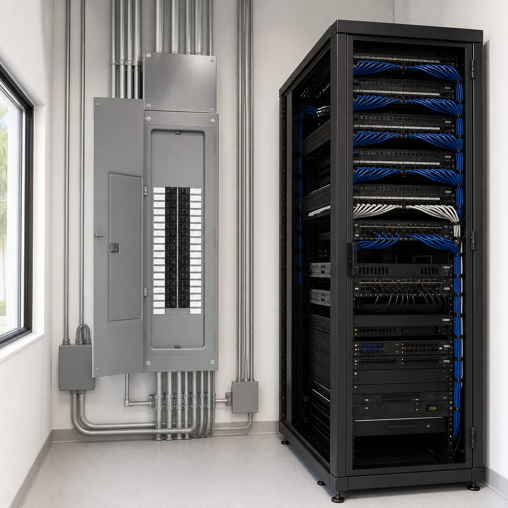 AI-generated illustration: a commercial electrical panel and data rack with dressed cabling in a back-of-house room