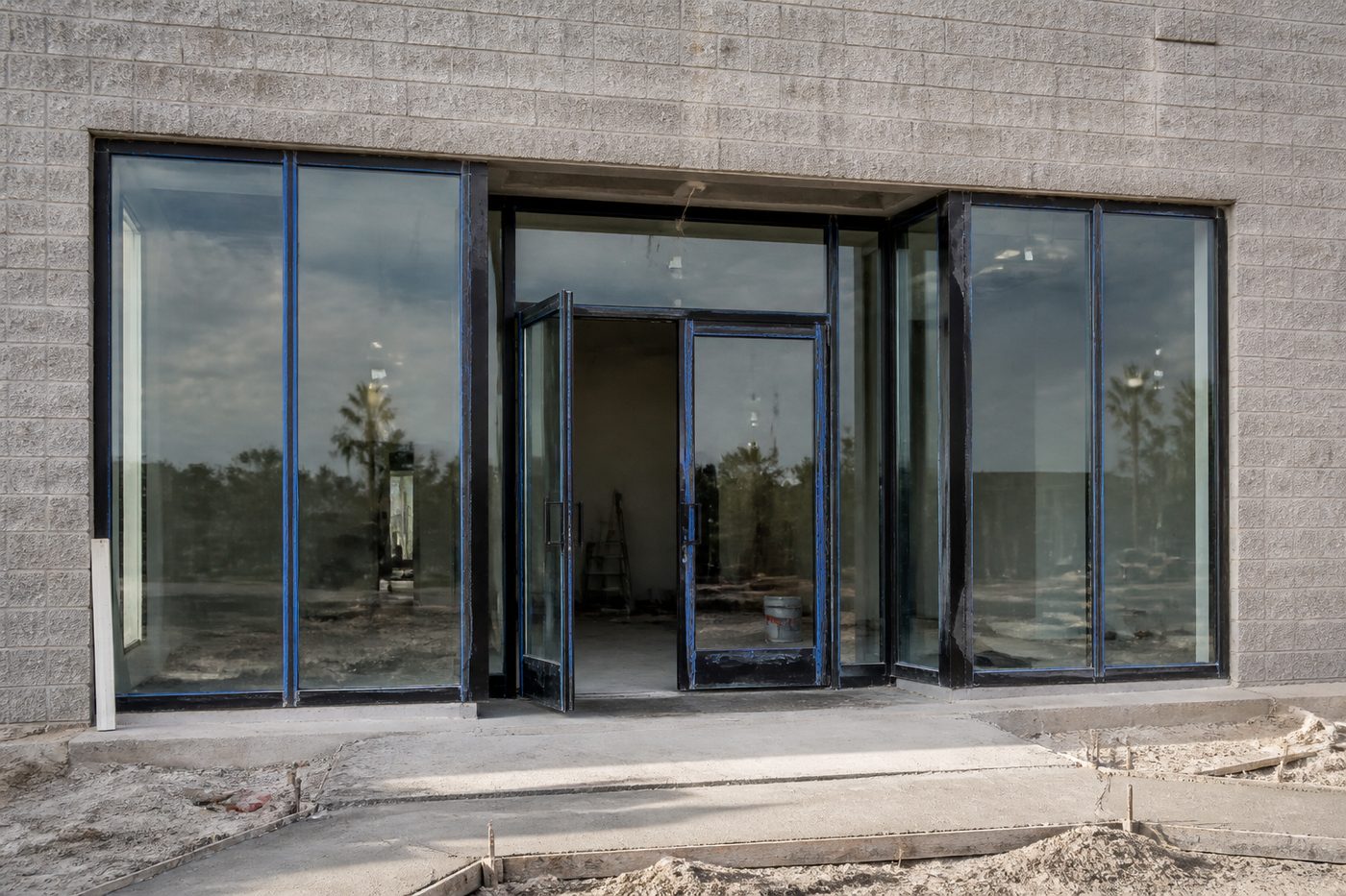 AI-generated illustration: a new storefront glazing system installed at an office entrance, protective film still on the frames